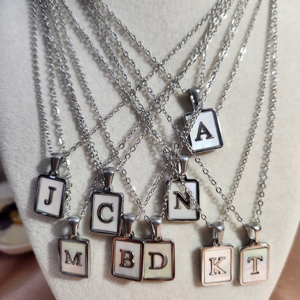Stainless Steel Mother Of Pearl Initial Necklace